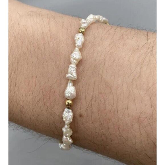 14k Yellow Gold Ball Bead Baroque Rice Pearl Tennis Bracelet